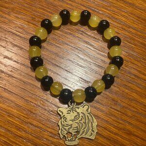 Handmade CC Tigers Inspired Bronze Pendant Stretch Bracelet